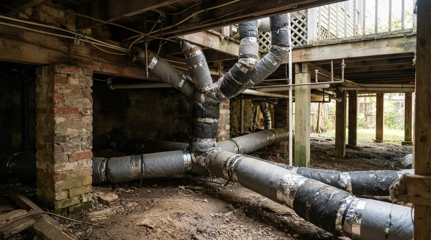 Crawl space ductwork under a raised home