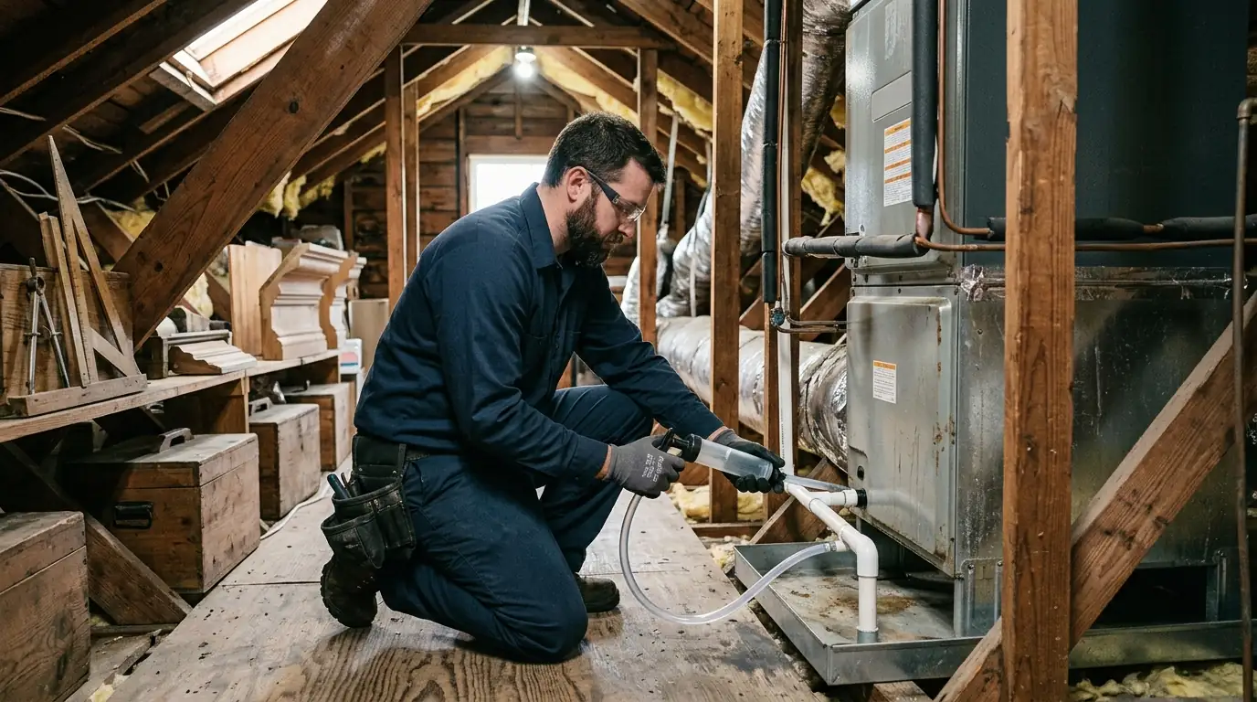 Condensate drain flush during an AC tune-up in New Orleans