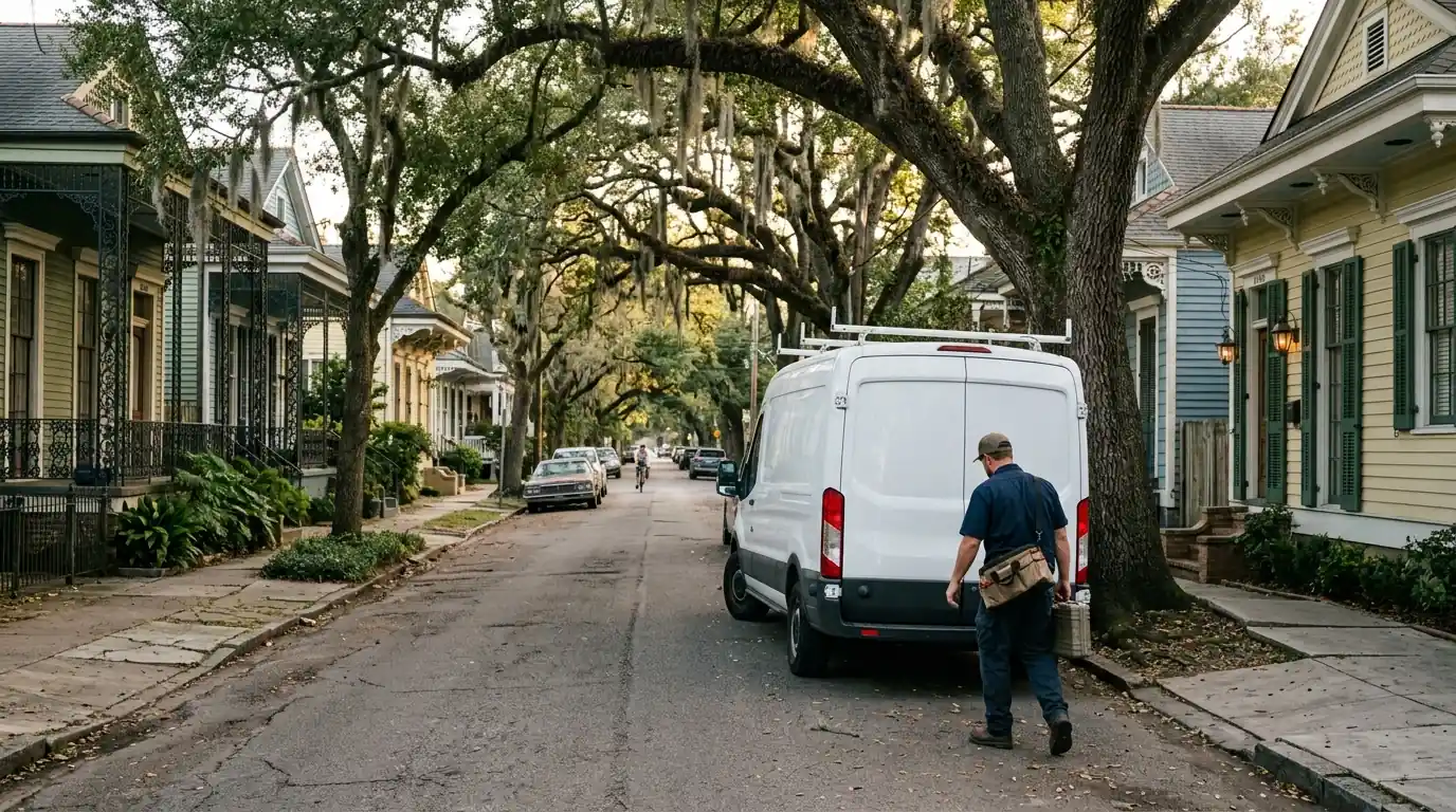 HVAC service van parked on a tree-lined New Orleans street
