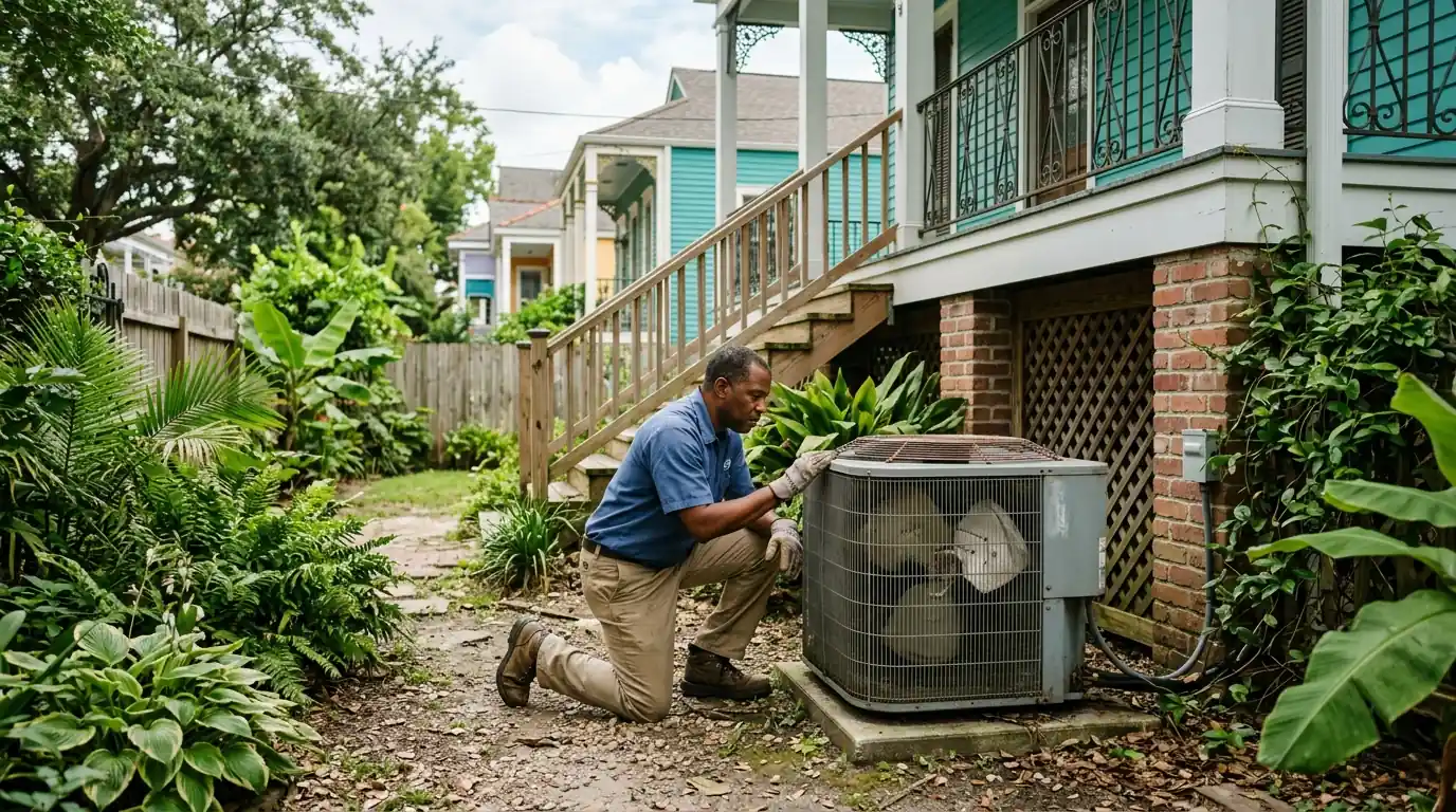 Checking an outdoor AC unit in New Orleans