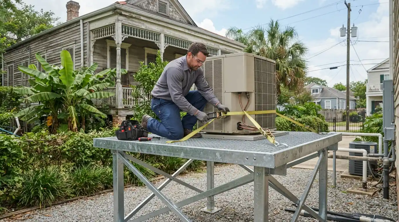 Securing an raised AC unit against storms