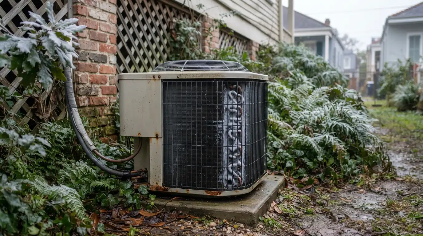 Heat pump in heating mode on a cold New Orleans morning