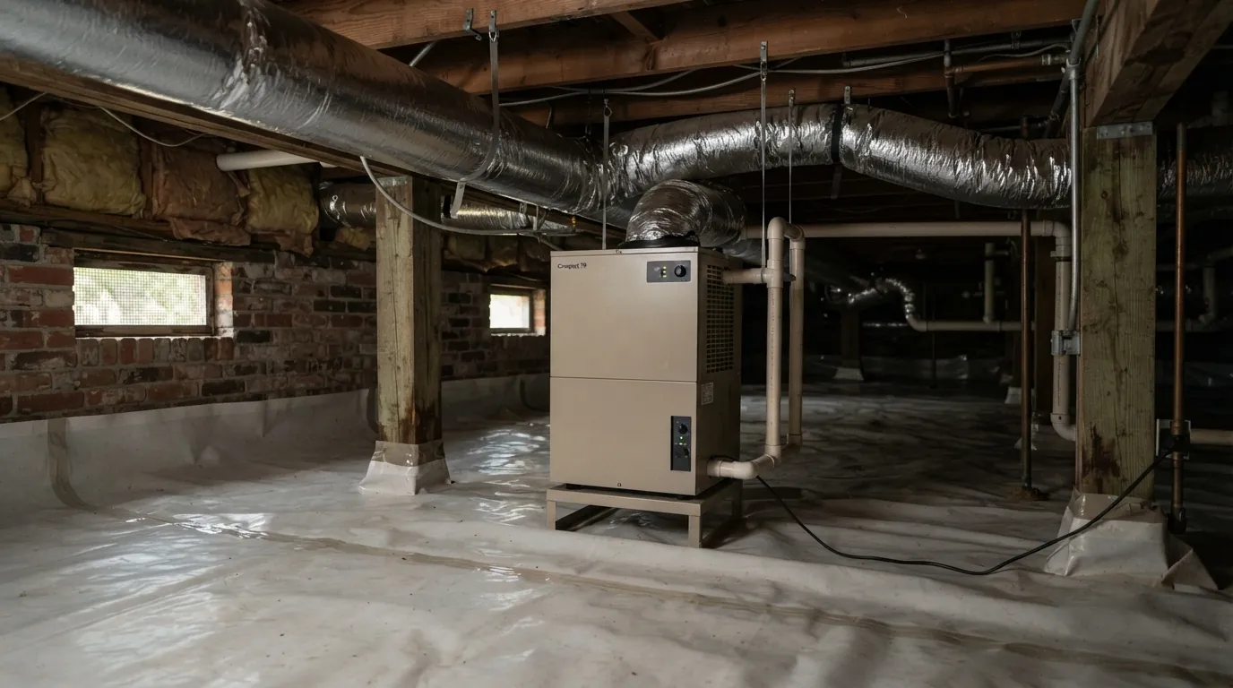 Crawl space dehumidifier under a raised home