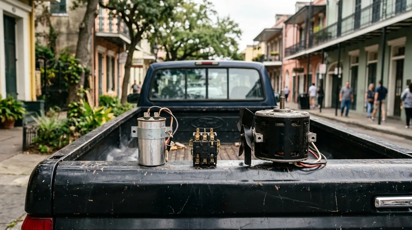 Common AC repair parts carried on a service truck