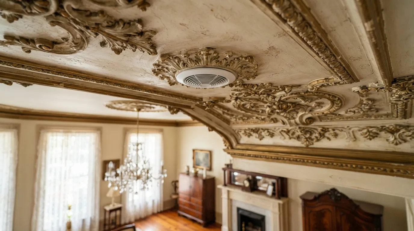 High-velocity HVAC outlet in a historic New Orleans ceiling