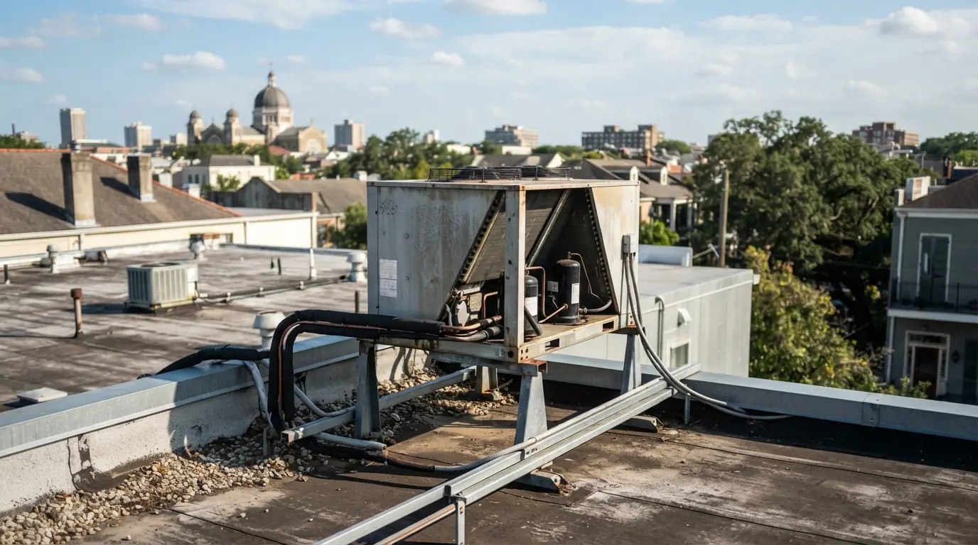 Remote condensing unit installed outside a commercial kitchen