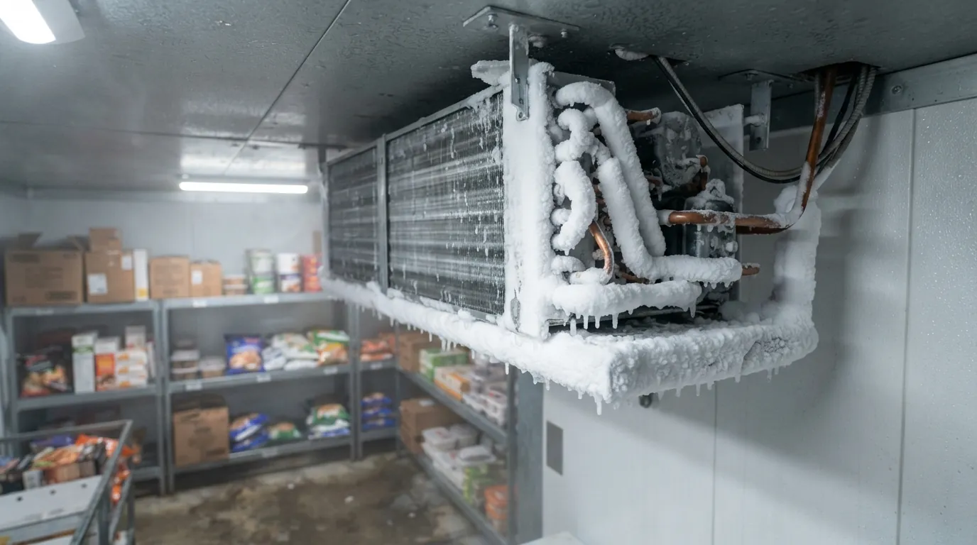 Iced walk-in freezer evaporator coil