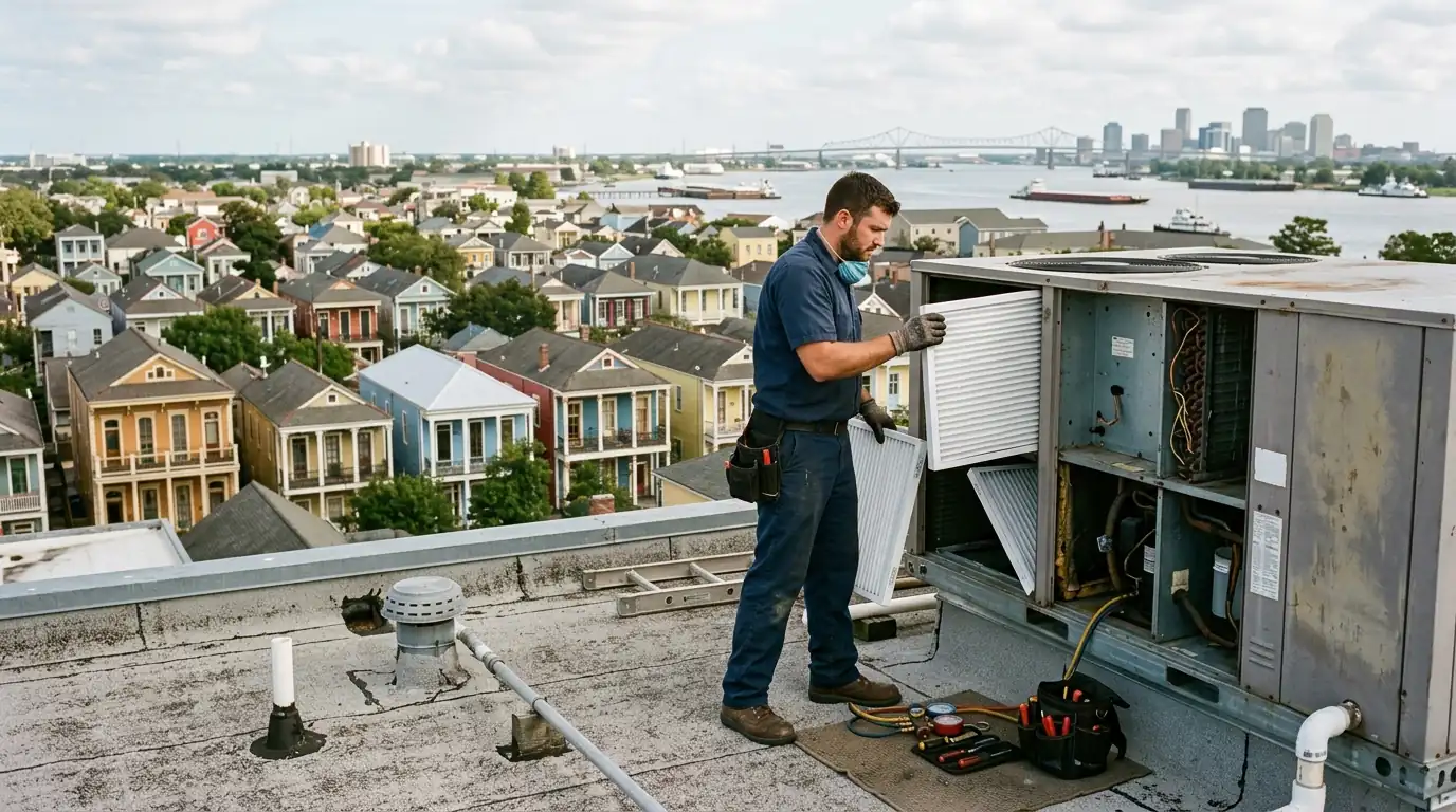 Commercial HVAC maintenance on a New Orleans rooftop