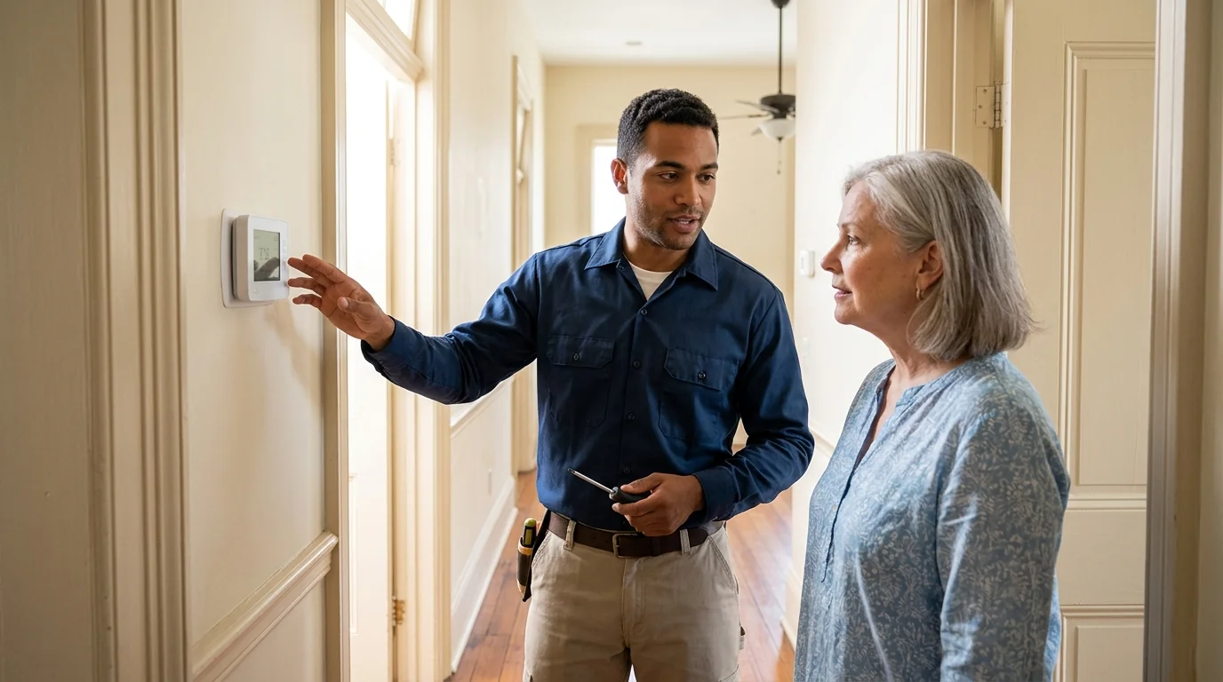 Technician explaining system settings to a New Orleans homeowner