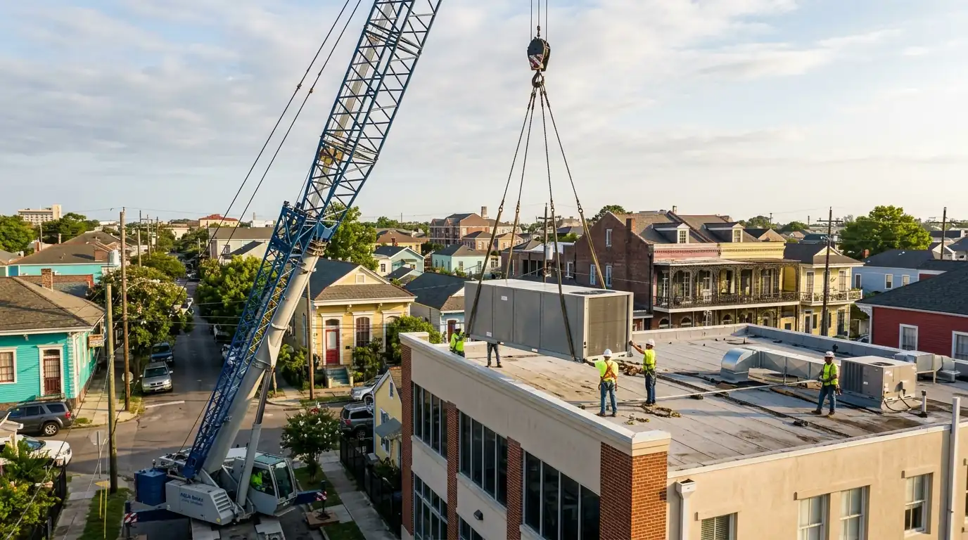 Rooftop unit installation on a New Orleans commercial building