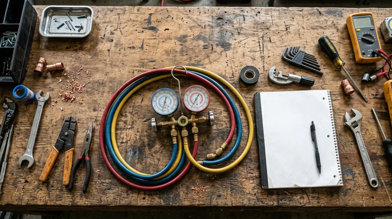 HVAC tools and gauges on a workbench