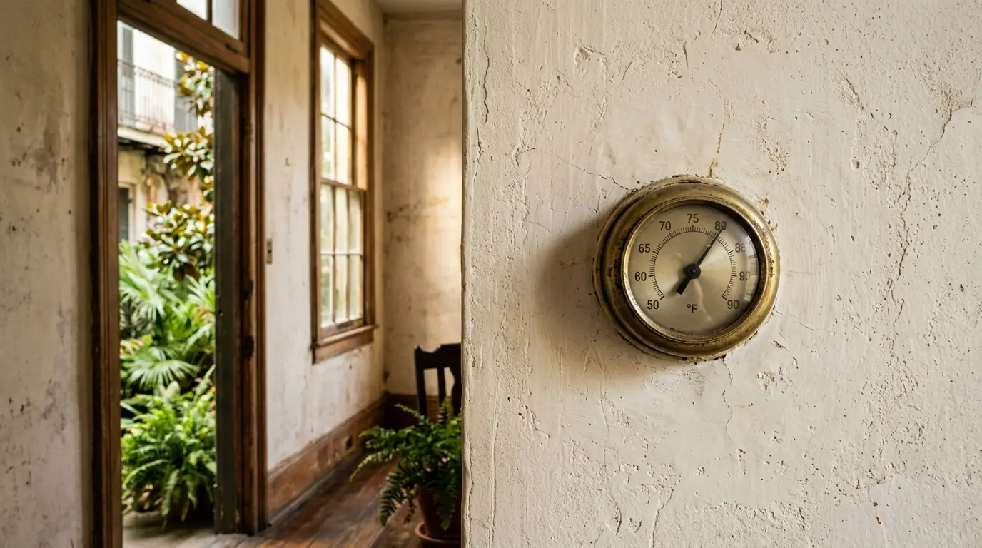 Thermostat on a plaster wall in an older home