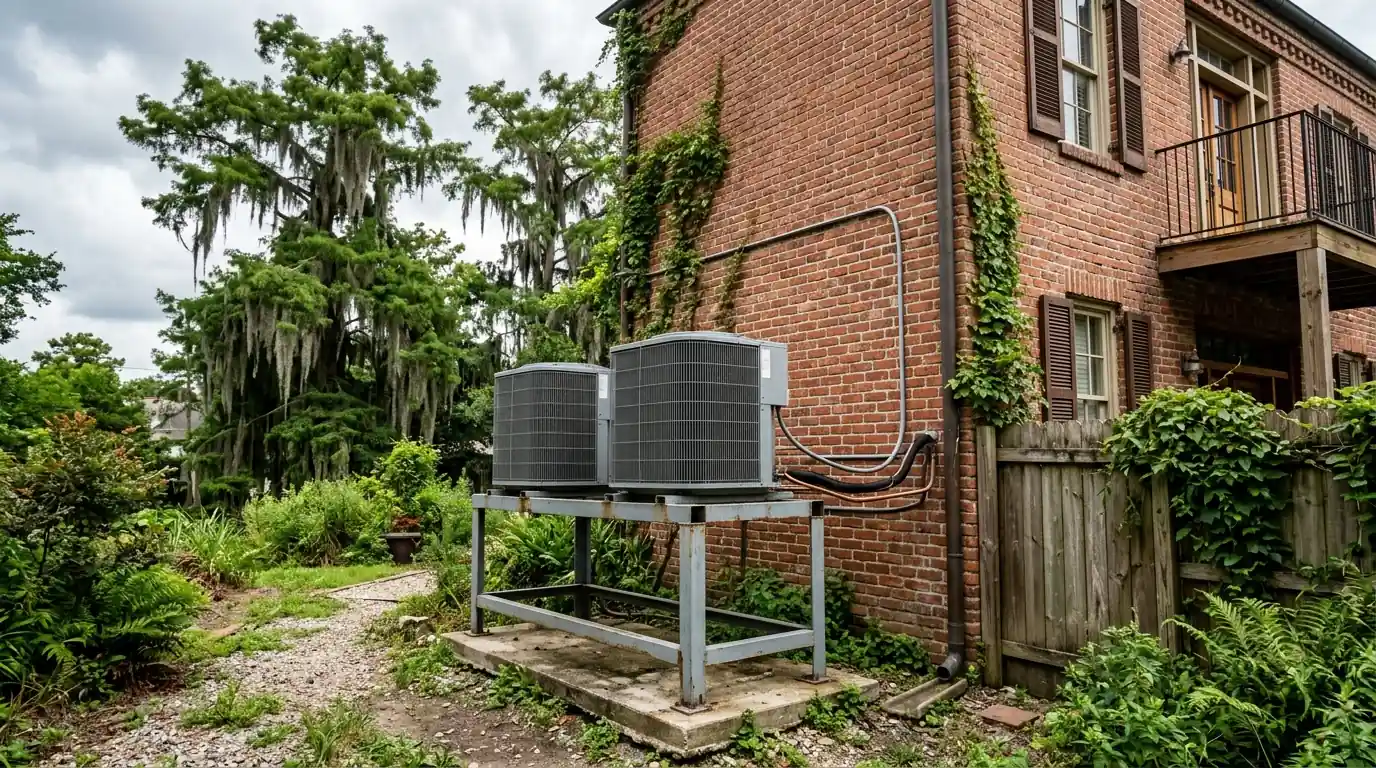 Two AC condensers on a raised stand beside a New Orleans home