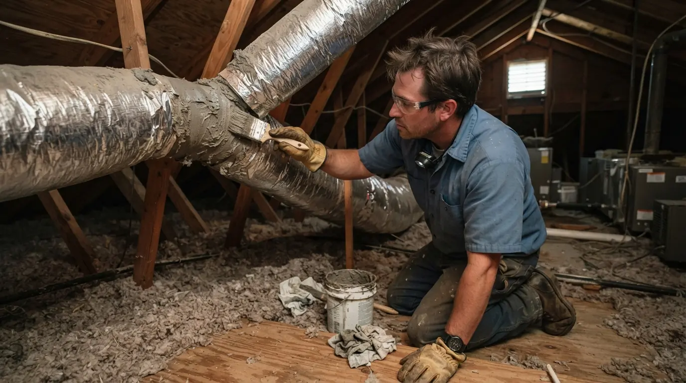 Mastic duct sealing in a New Orleans attic