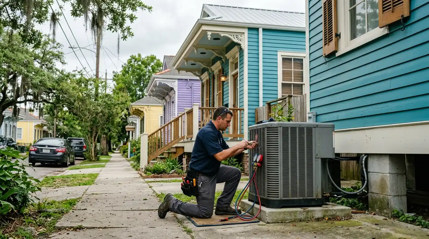 HVAC service call on a Mid-City New Orleans street