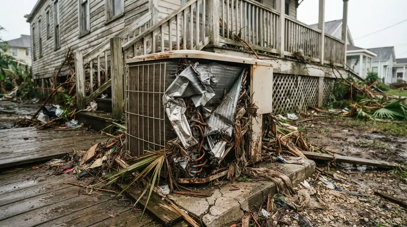 Storm debris damage to an AC unit