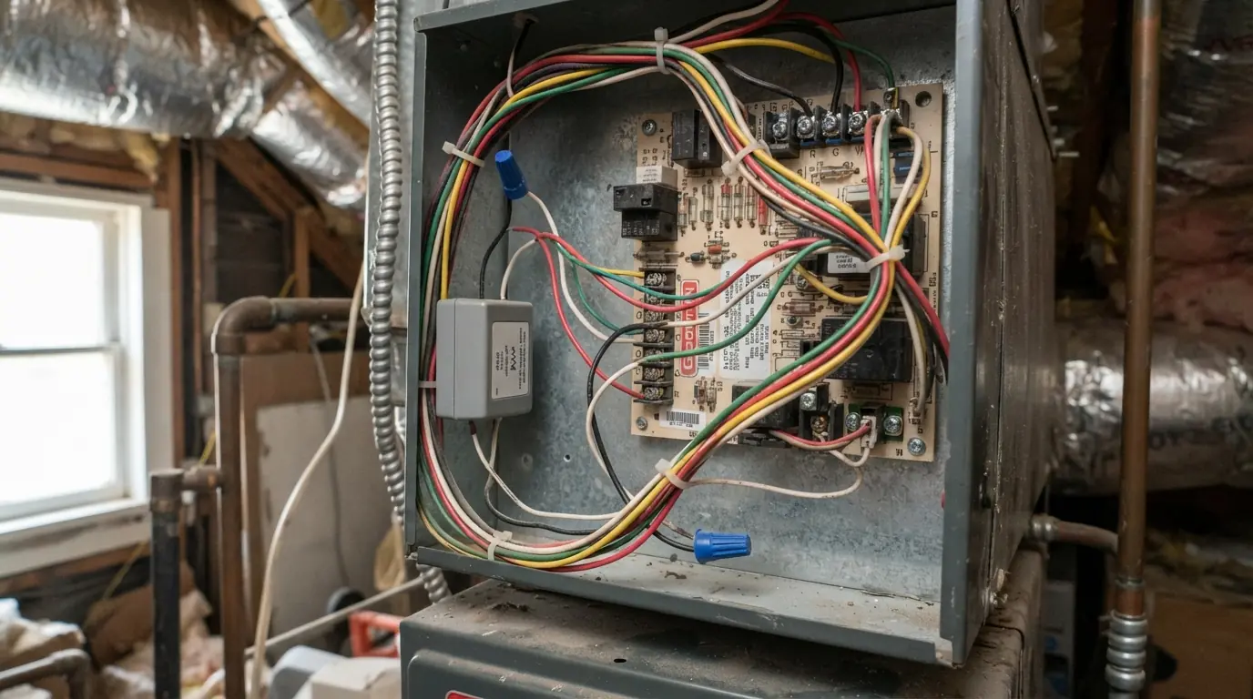 Thermostat C-wire adapter at an air handler