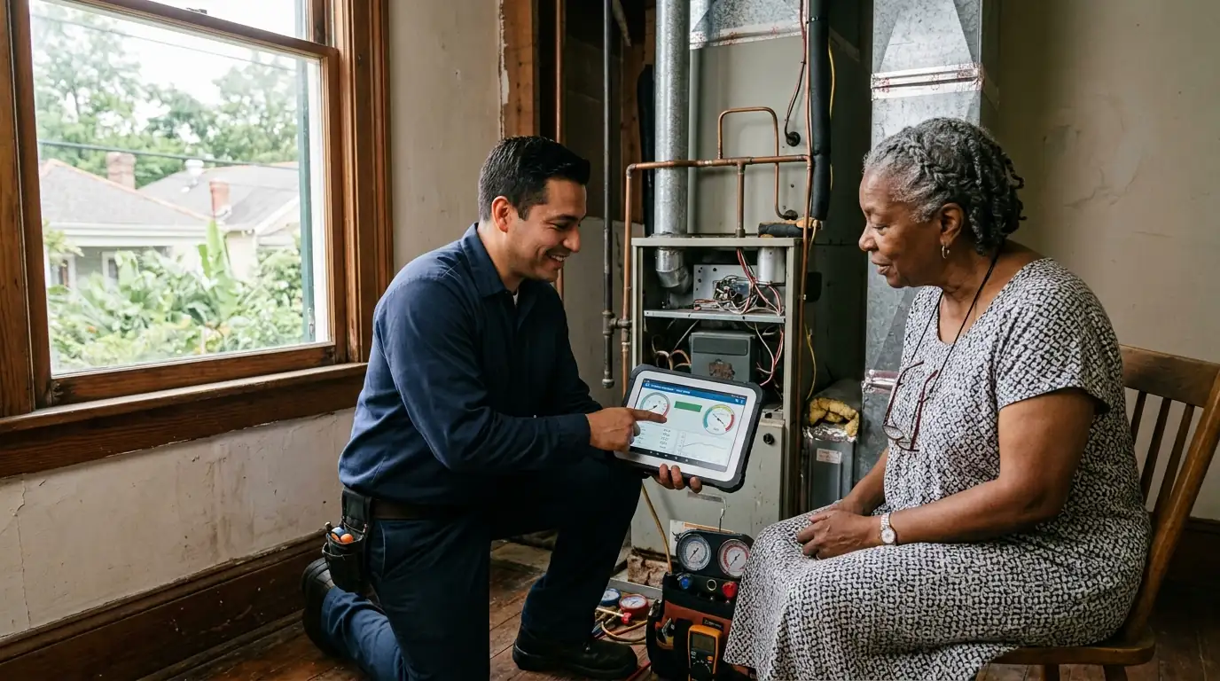 Technician explaining an AC diagnosis to a homeowner