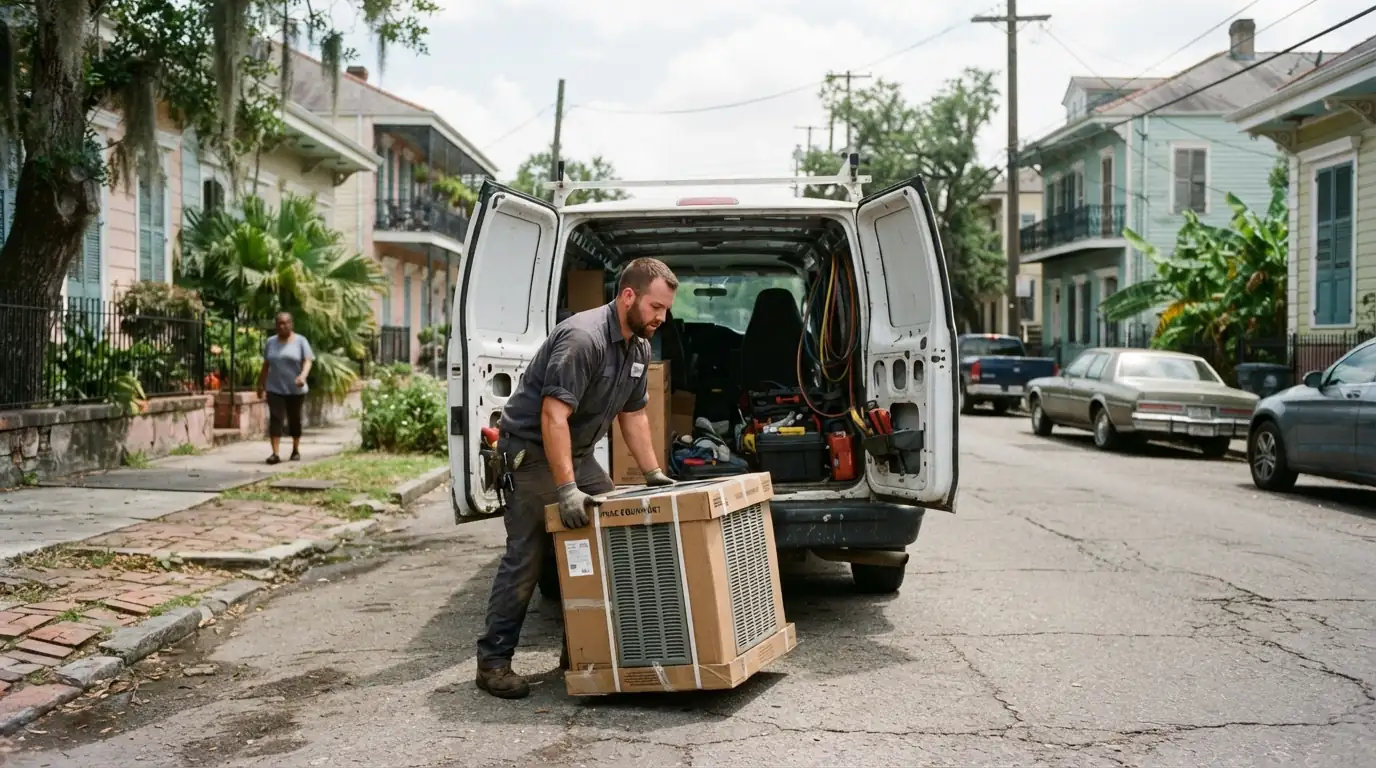 HVAC technician arriving for a service call in New Orleans