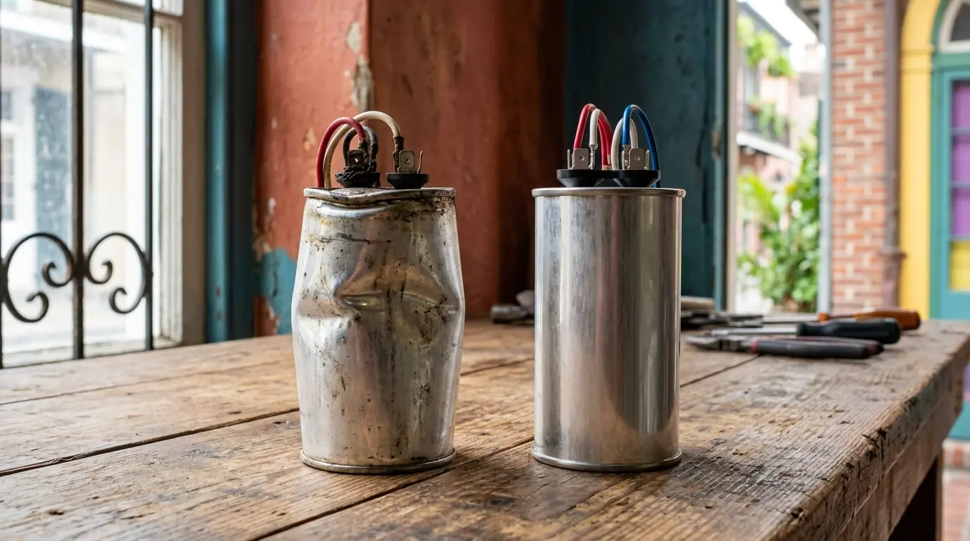 Failed AC capacitor replaced during a repair