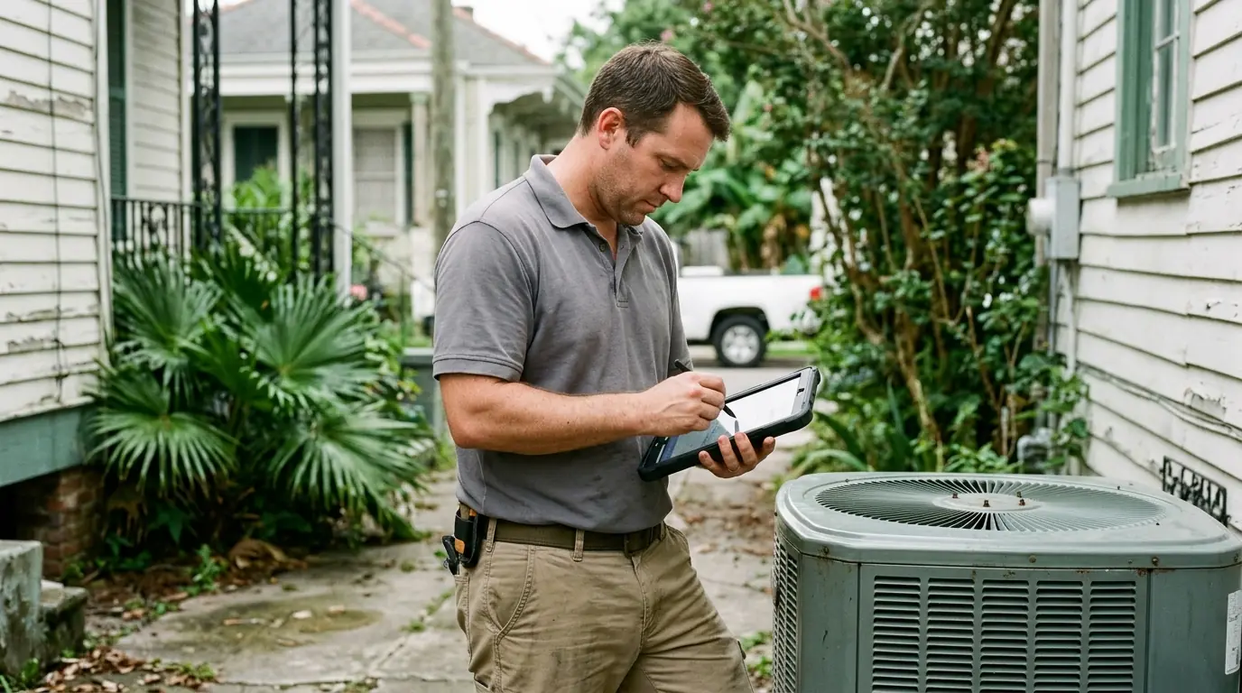 Technician writing an AC repair estimate in New Orleans