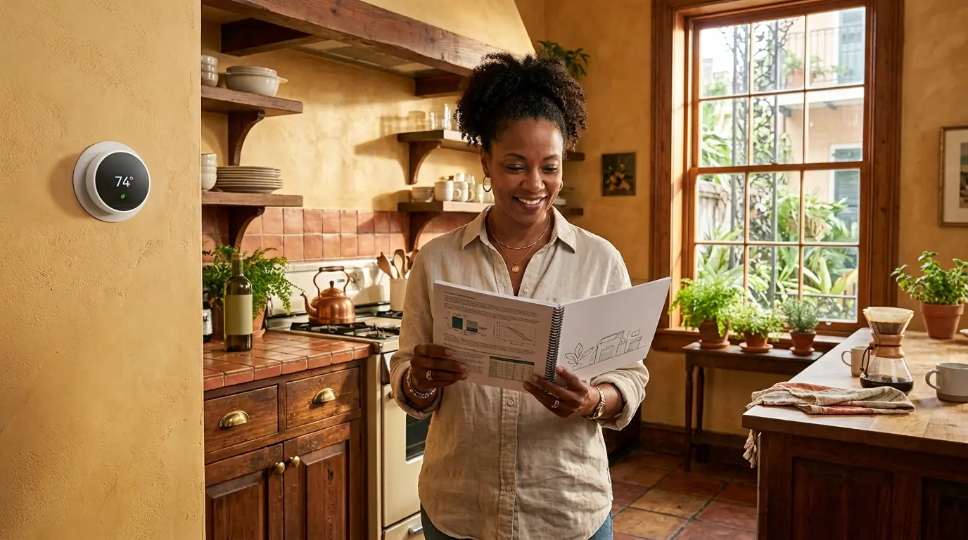Reading an HVAC guide in a New Orleans home