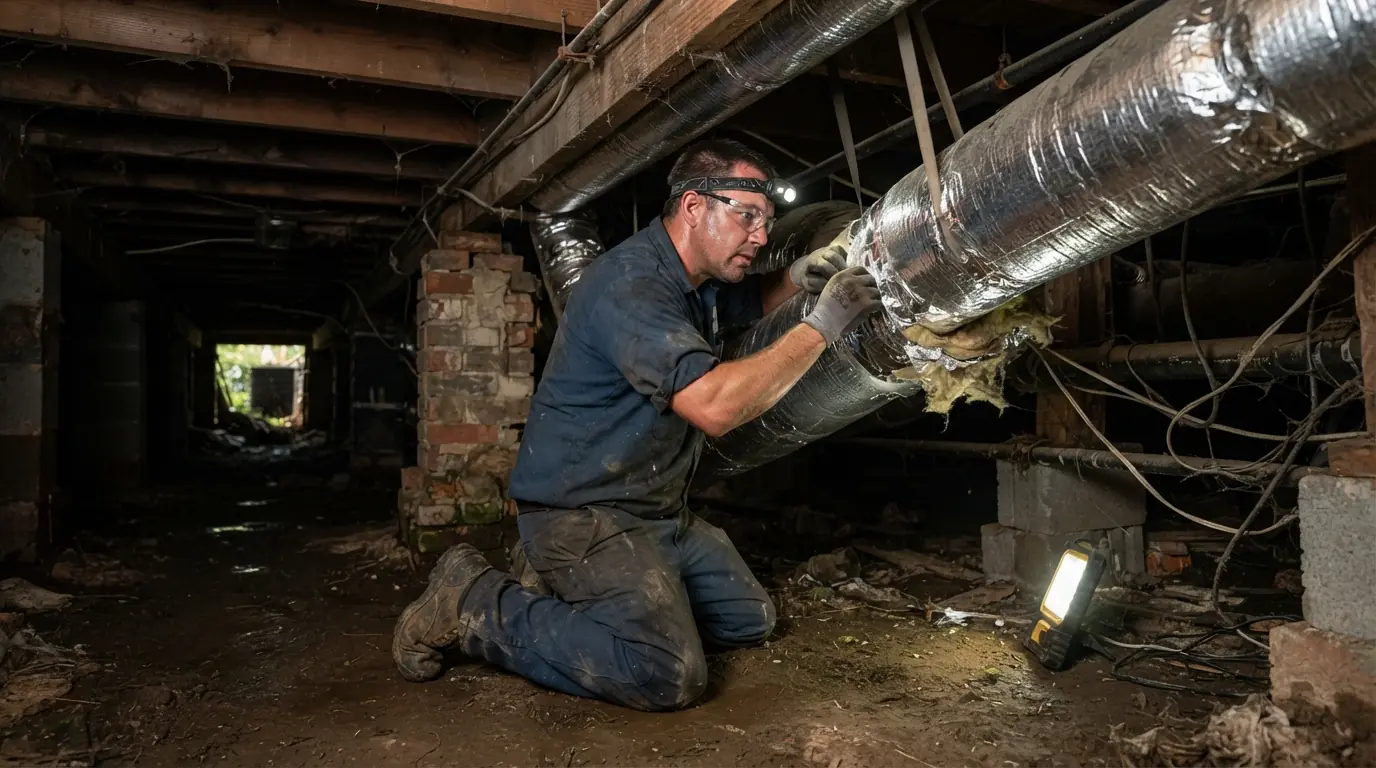 Duct insulation repair under a raised home