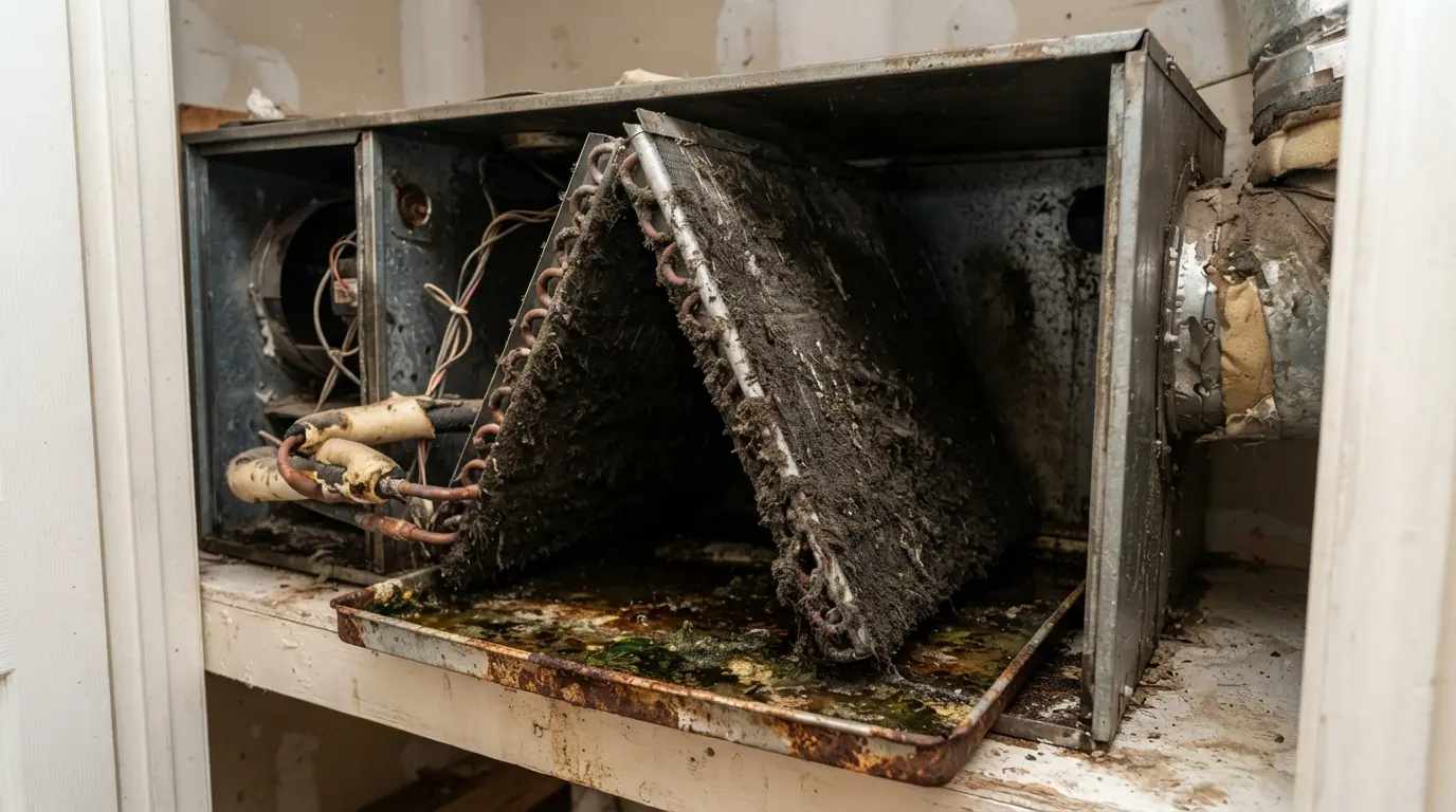 Dirty evaporator coil found during an air quality inspection