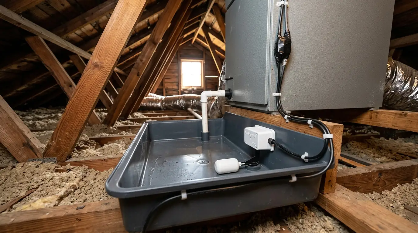 Condensate float switch on an attic air handler