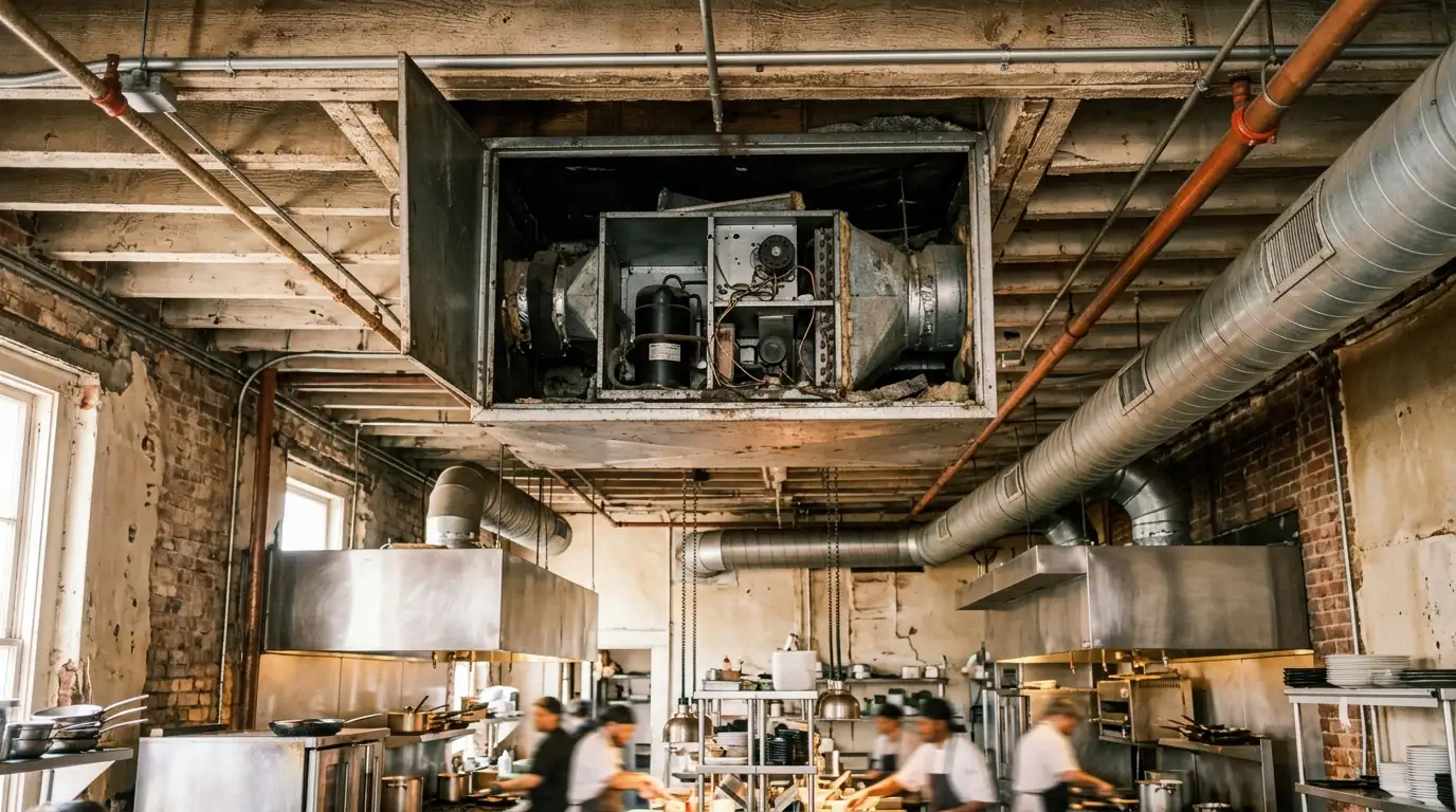 Commercial HVAC repair above a restaurant kitchen