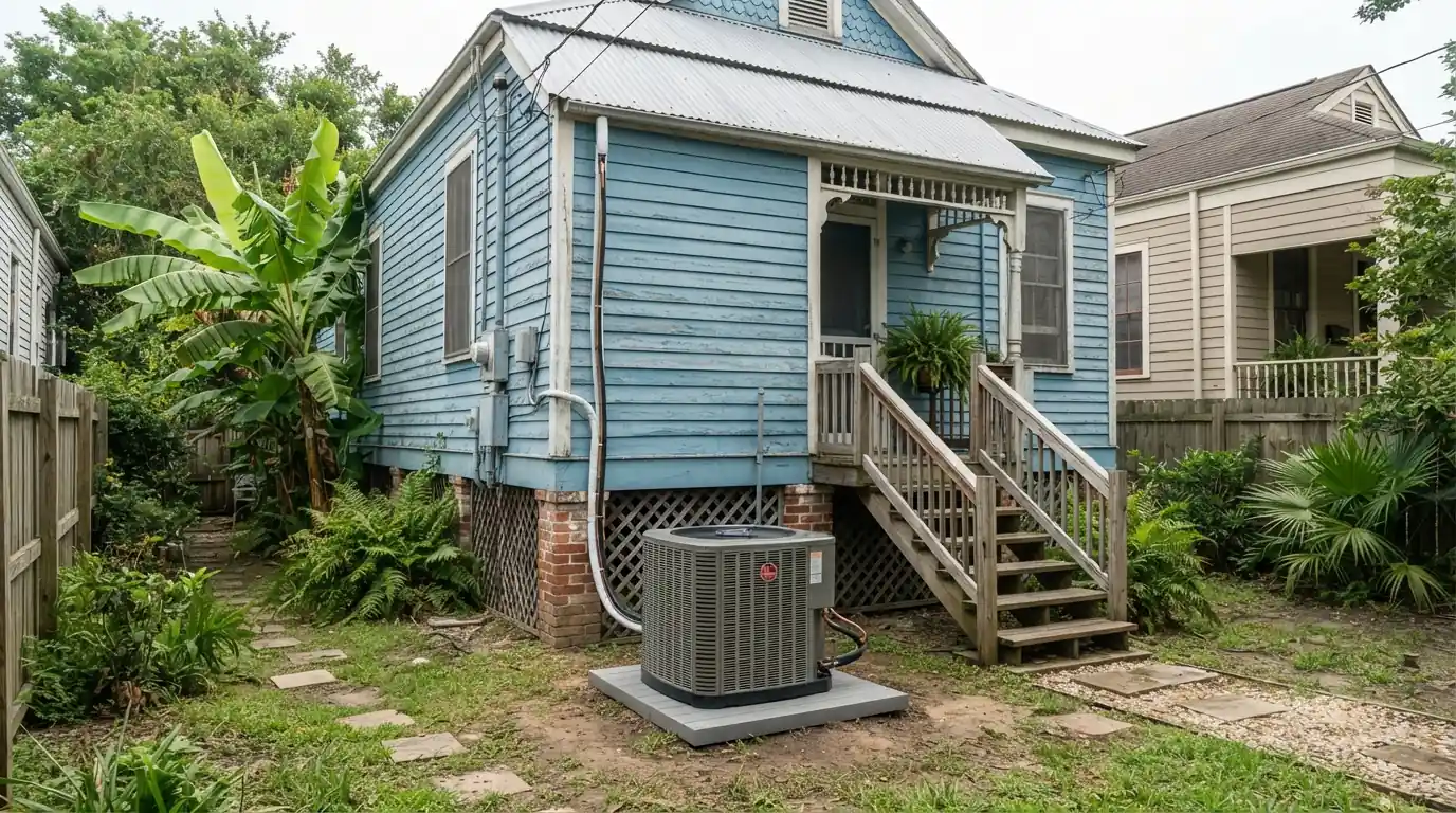 New central air condenser at a New Orleans cottage