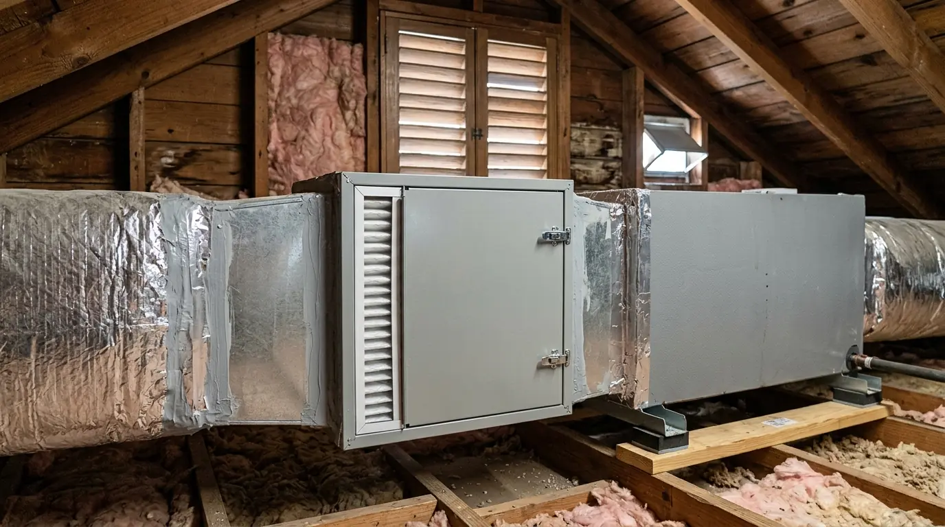Media filter cabinet in a New Orleans attic