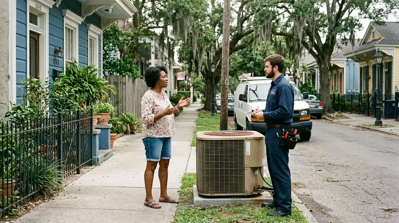 Homeowner speaking with an HVAC technician in New Orleans